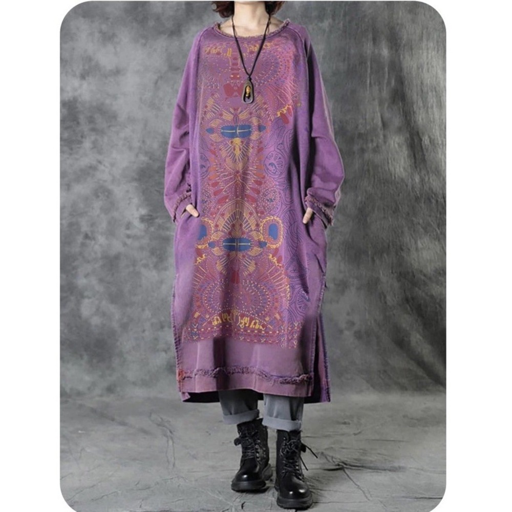 Buykud Lagenlook Dress M / L Purple Cotton Oversized Graphic Boho Tribal Pockets